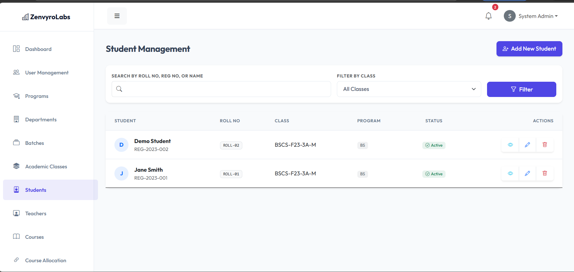 Admin Managing Students